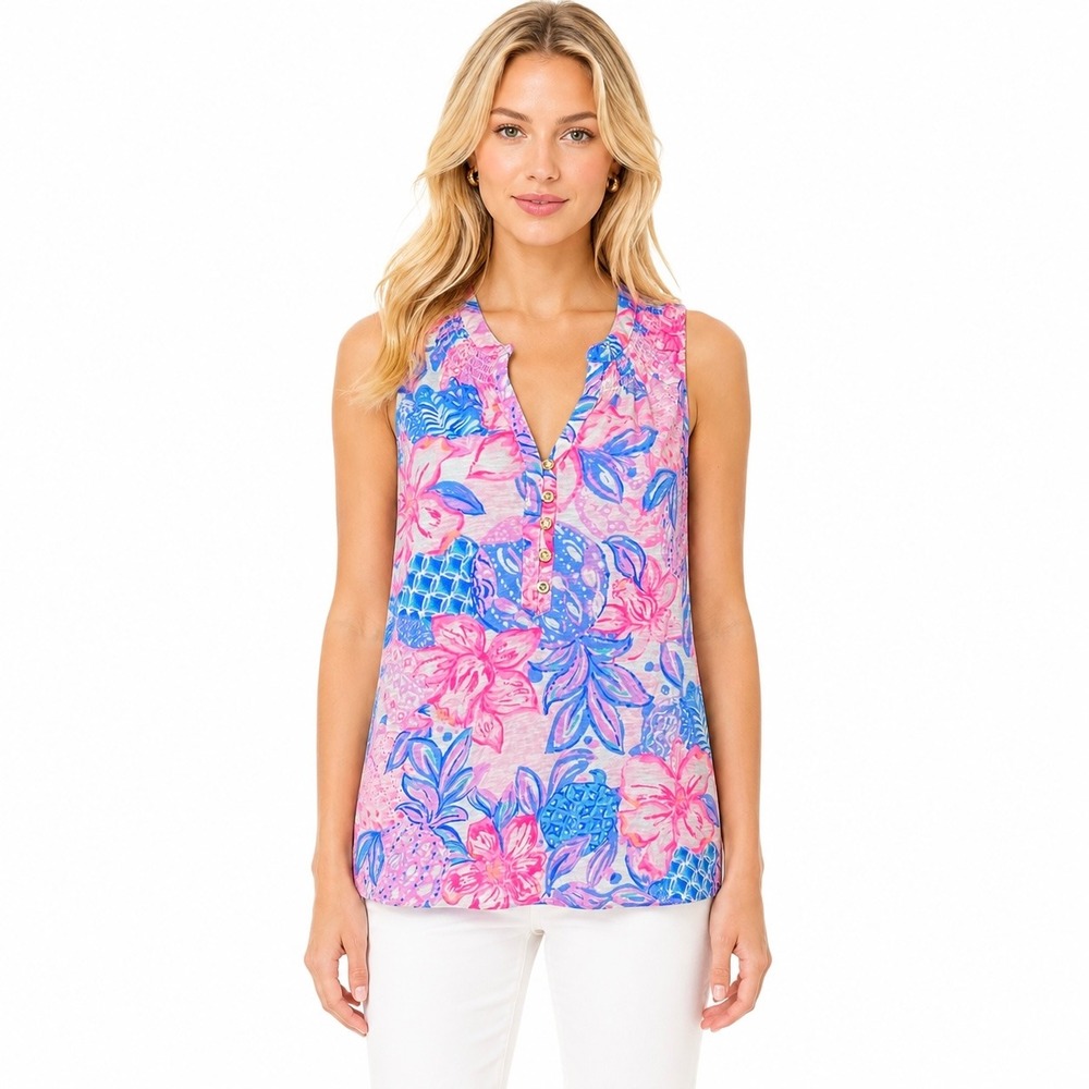Lilly Pulitzer Essie Cotton Tank Top L Floral Pink Isle Snappy Turtle Preppy